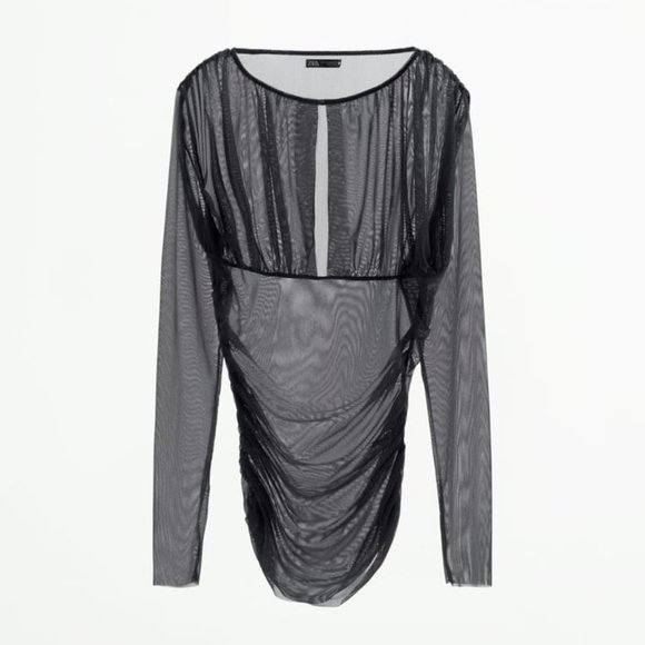 NWT DARK BLUE GRAY DRAPED SLIT TULLE TOP - Picture 7 of 9